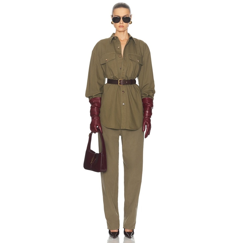NWT $1950 Saint Laurent Paris Women Sz S Button Up Shirt Army Green Cotton Italy